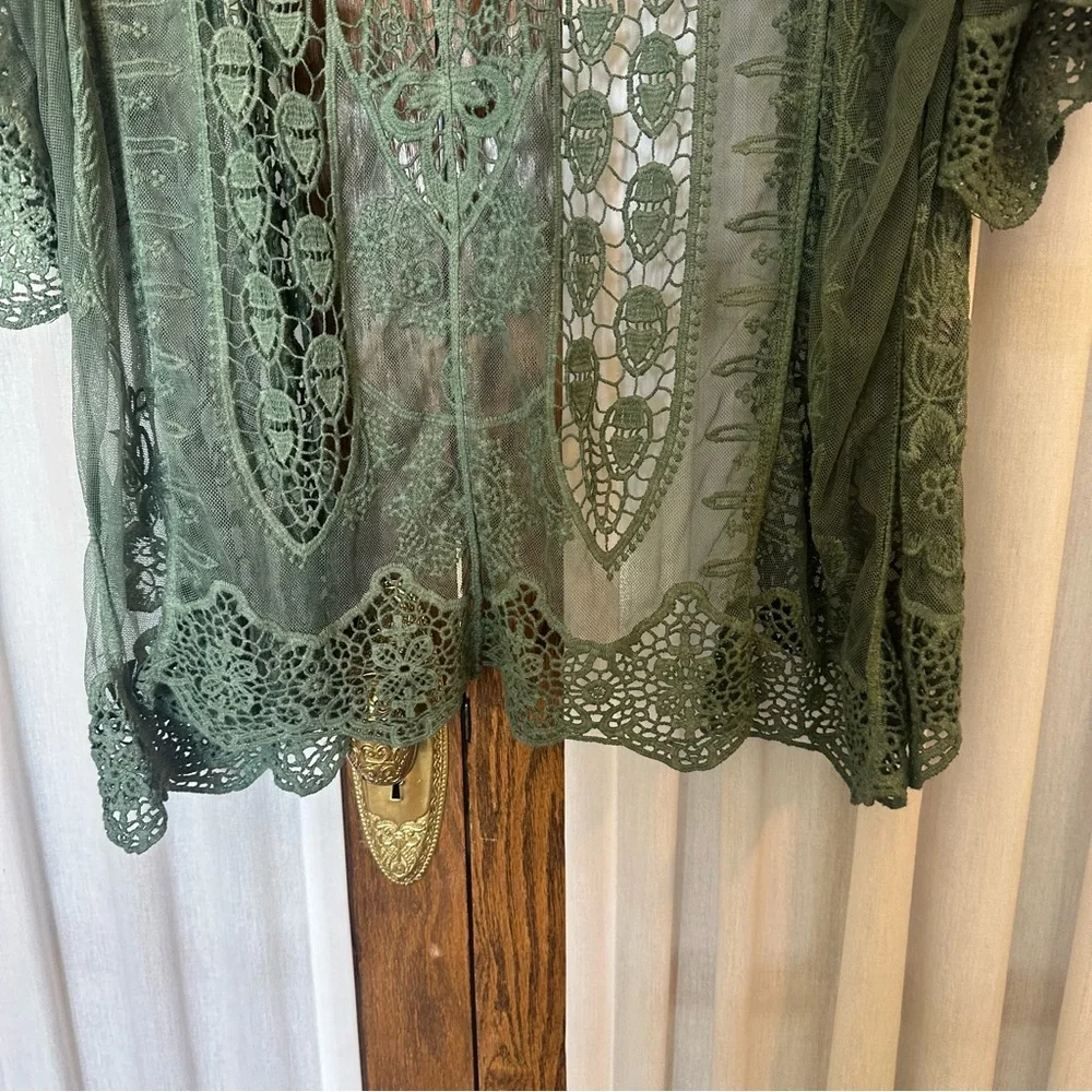 Simply Couture Sage Green Tab Sleeve Knit Lace Peacock Open Cardigan - Picture 7 of 10